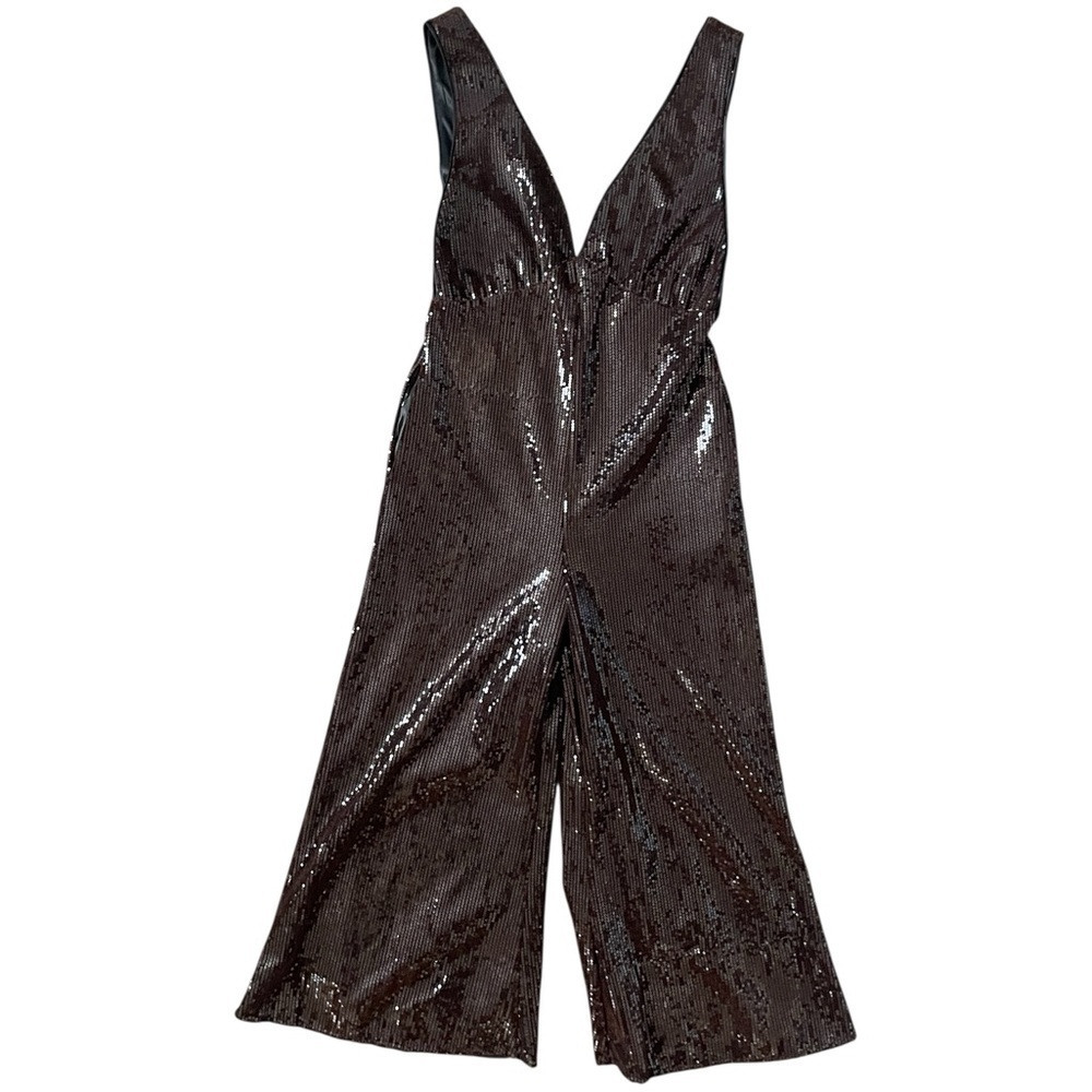 Line & Dot Brown Sequin Wide Leg Jumpsuit XS Deep V Neck Holiday Party REVOLVE - Picture 3 of 15